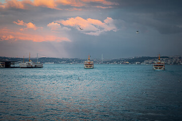 Istanbul boats in the harbour at sunset time 