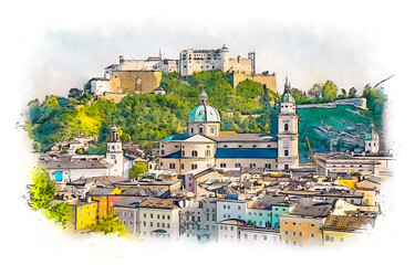 Panoramic view of the Salzburg, Austria, watercolor sketch illustration. - obrazy, fototapety, plakaty