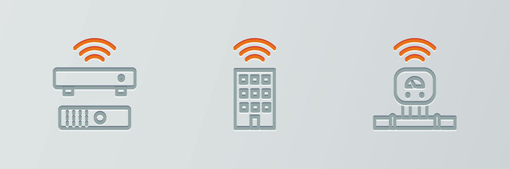 Set line Smart sensor, Wireless TV box receiver and home with wireless icon. Vector