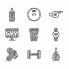 Set Fitness shaker, Dumbbell, Punching bag, Smartwatch, Sports nutrition, Location gym, Whistle and icon. Vector