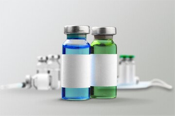 Basic fomulars 3 step for anti covid-19 virus. Corona virus vaccine in glass bottle.