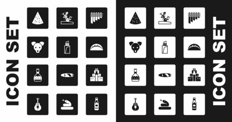 Set Pan flute, Burrito, Dog, Nachos, Taco with tortilla, Cactus, Chichen Itza in Mayan and Tequila bottle icon. Vector