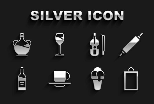 Set Coffee cup, Rolling pin, Picture, Ice cream, Bottle wine, Violin, olive oil and Wine glass icon. Vector