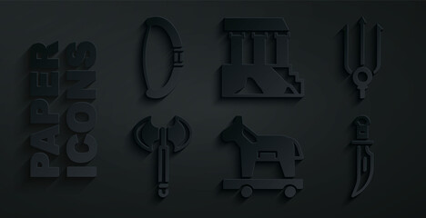 Fototapeta premium Set Trojan horse, Neptune Trident, Medieval axe, Dagger, Parthenon and bow icon. Vector