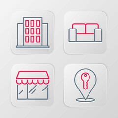 Set line Location key, Market store, Sofa and House icon. Vector