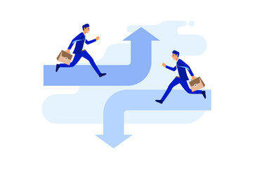 Obraz premium Running on the different arrow opposite direction. Concept business directional illustration, Flat cartoon vector design.