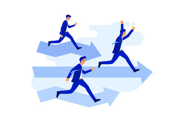 Fototapeta na wymiar Businessman run straight through finish line to success and winning the race. Business competition concept. flat vector illustration 