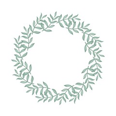 Foliate watercolor round wreath. Circular rim of greenery. Botanical twigs circular template for invitation or postcard