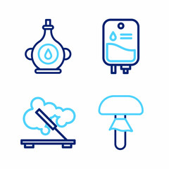 Set line Mushroom, Scented spa stick, IV bag and Oil bottle icon. Vector