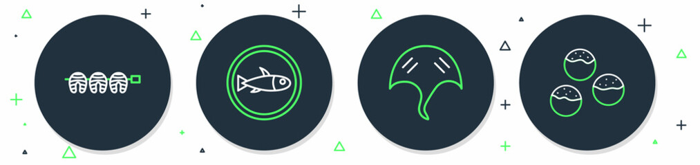 Set line Served fish on a plate, Stingray, Grilled steak and Takoyaki icon. Vector