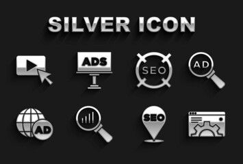 Set Magnifying glass and analysis, Advertising, Browser setting, SEO optimization, and icon. Vector