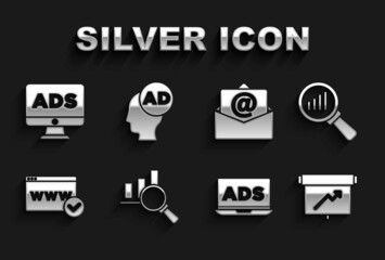 Set Magnifying glass and analysis, Board with graph chart, Advertising, Website template, Mail e-mail, and icon. Vector