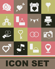 Set Location with heart, Photo camera, Wedding cake, Calendar, Diamond engagement ring, Church building, and Carnival garland flags icon. Vector