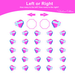 Left or Right Game for Preschool Children. Valentine Worksheet activity for kids. Education math printable worksheet to counting how many are left and right. Vector illustration.
