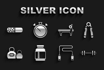 Set Sports nutrition, expander, Barbell, Jump rope, Kettlebell, Bench with barbel, Vitamin pill and Stopwatch icon. Vector
