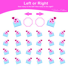 Left or Right Game for Preschool Children. Valentine Worksheet activity for kids. Education math printable worksheet to counting how many are left and right. Vector illustration.