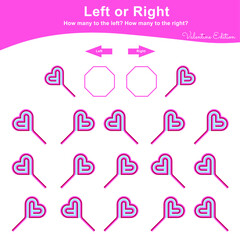 Left or Right Game for Preschool Children. Valentine Worksheet activity for kids. Education math printable worksheet to counting how many are left and right. Vector illustration.