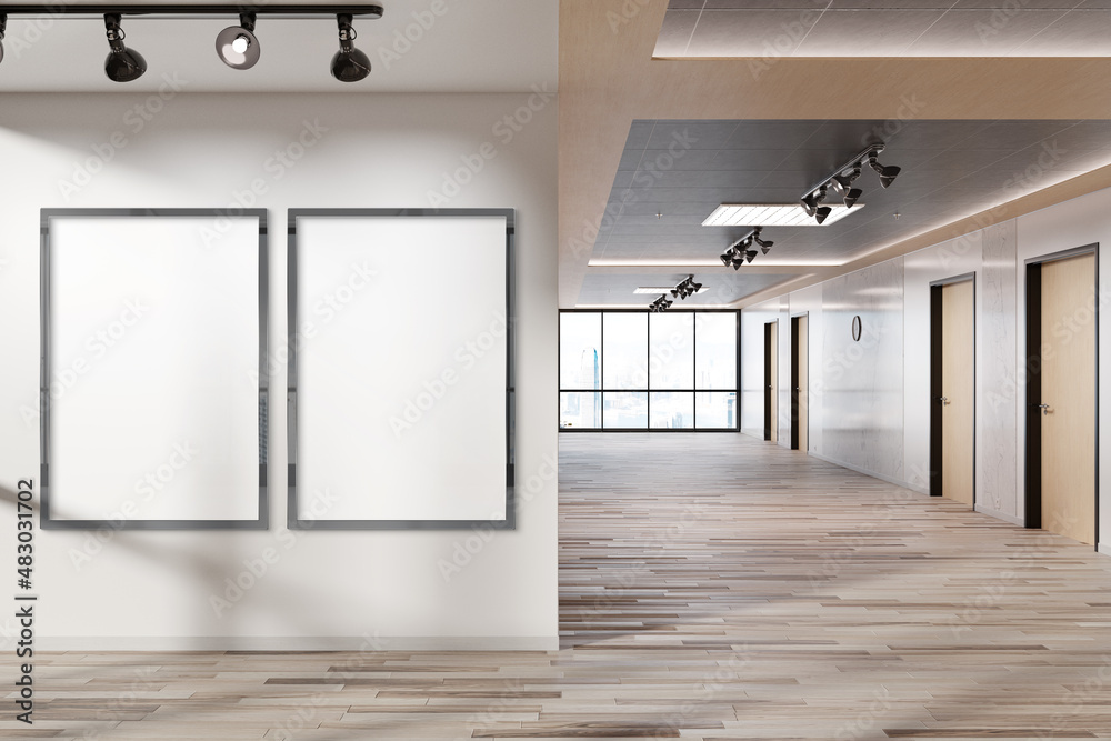 Poster two vertical frames mockup hanging on wall. mock up of billboards in modern wooden office interior 3