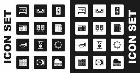 Set Stereo speaker, Music synthesizer, Guitar amplifier, Drum, Home stereo, Tambourine and Trumpet icon. Vector © Kostiantyn