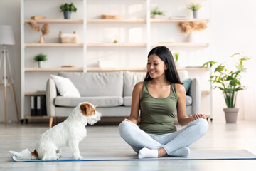 Dog and owner exercising together at home