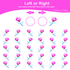 Obraz premium Left or Right Game for Preschool Children. Valentine Worksheet activity for kids. Education math printable worksheet to counting how many are left and right. Vector illustration.