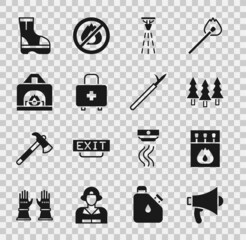 Set Megaphone, Matchbox and matches, Forest, Fire sprinkler, First aid kit, Interior fireplace, boots and Metal pike pole icon. Vector