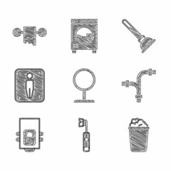 Set Round makeup mirror, Electric toothbrush, Bucket with soap suds, Industry metallic pipe, Gas boiler, Male toilet, Rubber plunger and Toilet paper roll icon. Vector