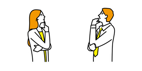 あごに手をあてて考え事をする男性と女性