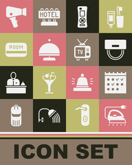 Set Electric iron, Hotel booking calendar, Bellboy hat, Remote control, Covered with tray, key card, Hair dryer and Retro tv icon. Vector