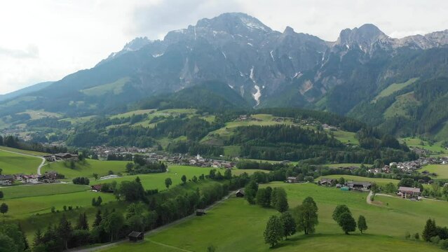 aerial view of Leogang village, Austria, with glorious mountain background, summer