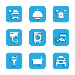 Set Washer, Bathtub, Taxi car, Digital door lock, Martini glass, Security camera, Toilet paper roll and Covered with tray icon. Vector
