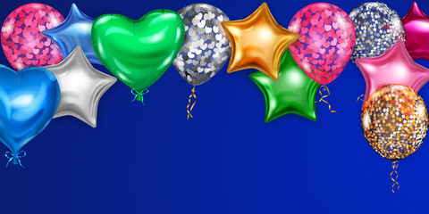 Vector illustration with flying colored helium balloons in various shapes and colors on blue background © Olga Moonlight