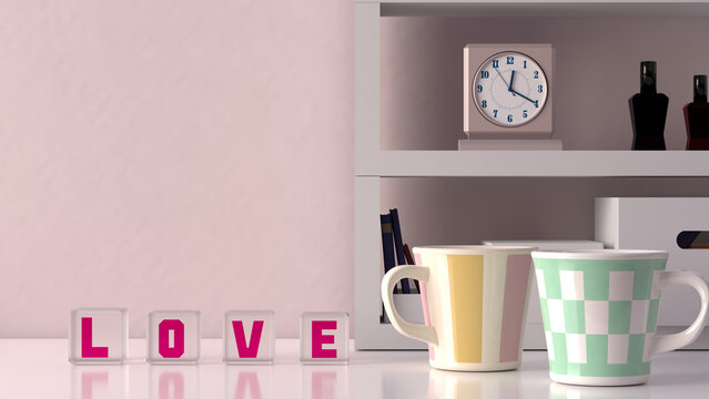 Loveに並んだガラスキューブ　ペアのマグカップ　デスク　3DCG　部屋　恋愛イメージ