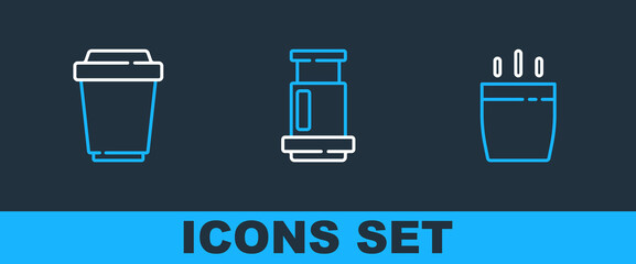 Set line Coffee cup, to go and Aeropress coffee icon. Vector