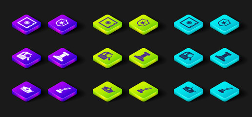 Set Police cap with cockade, Feather and inkwell, Paper analysis magnifying, Stamp, badge and Safe icon. Vector