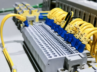 Close up photo a row of terminal blocks connected with wires.
