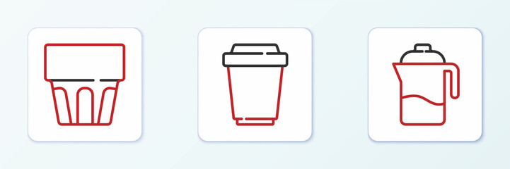 Set line French press, Glass with water and Coffee cup to go icon. Vector