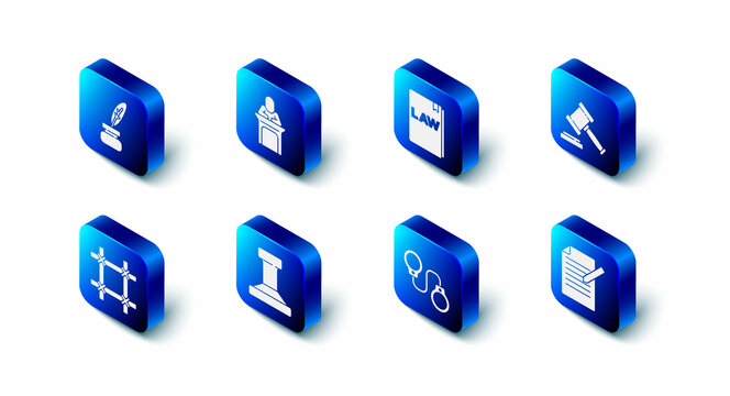 Set Judge, Law book, gavel, Document and pen, Handcuffs, Stamp, Prison window and Feather inkwell icon. Vector