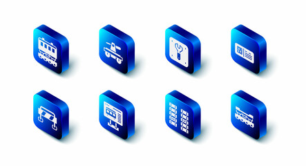 Set Draisine or handcar, Repair of railway, QR code ticket train, Cargo wagon, Railway, railroad track, Ticket office to buy tickets, Road barrier and Passenger cars icon. Vector