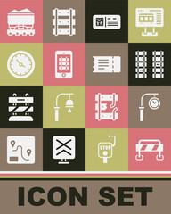 Set Road barrier, Train station clock, Railway, railroad track, QR code ticket train, Buy online, Coal wagon and icon. Vector