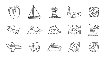 Icons set yacht tourism. Vacation travel and recreation. Sea beach and attractions. Vector line icon.