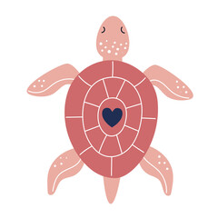 Cute pink sea turtle, underwater wild animals. Flat vector illustration isolated on white background.