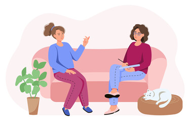 A woman visits a psychologist's office. The patient sits on the couch and talks to a psychiatrist. Vector illustration for therapy session, psychotherapeutic counseling concept