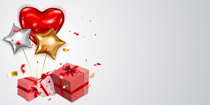 Vector illustration for Valentine's Day with helium balloons, small blurry pieces of serpentine and several red, pink and white gift boxes with ribbons, bows and pattern of hearts, on light background