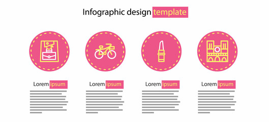Set line Lipstick, Notre Dame, Bicycle and Handbag icon. Vector