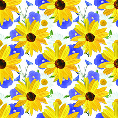 Flower pattern, flowers of sunflower, chamomile, flax, flowers and blossoms linen, seamless texture, vector