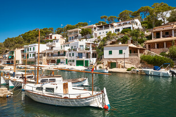Fototapeta na wymiar Picturesque Mediterranean coastline in Mallorca. Figuera cove. Llauts boats. Spain