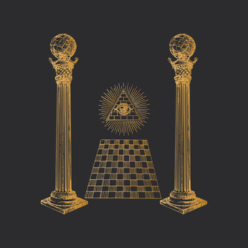 Freemasonry Columns and Eye of Providence concept.