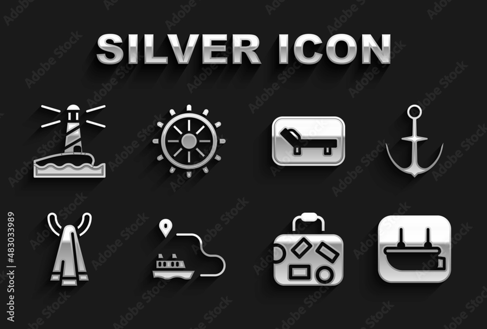 Sticker Set Ship line path, Anchor, Lifeboat, Suitcase, Towel on hanger, Sunbed and umbrella, Lighthouse and steering wheel icon. Vector