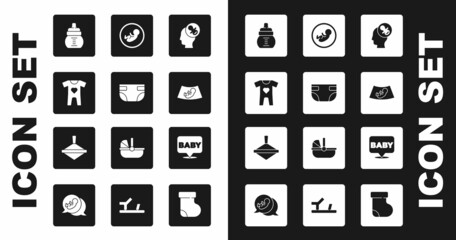 Set Baby dummy pacifier, absorbent diaper, clothes, bottle, Ultrasound of baby, and Whirligig toy icon. Vector
